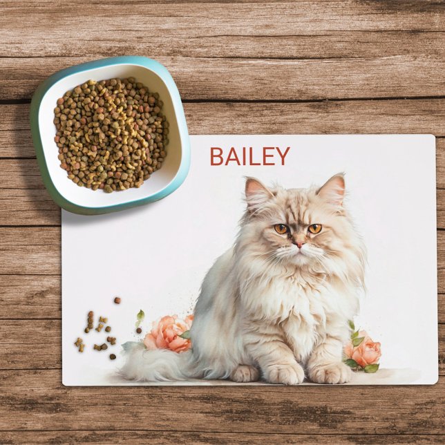 Watercolor Persian Cat & Roses Cat Food Mat (Creator Uploaded)