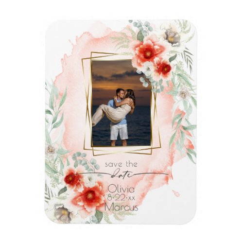 Watercolor Persimmon Floral Photo Save the Date Magnet