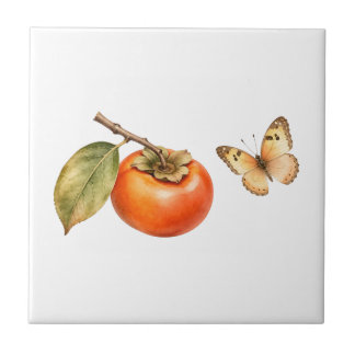 Watercolor Persimmon Fruit and Butterfly Ceramic Tile