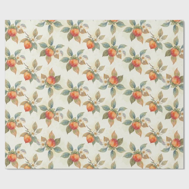 Watercolor Persimmon Fruit and Flowers  Wrapping Paper (Flat)