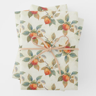 Watercolor Persimmon Fruit and Flowers Wrapping Paper Sheets
