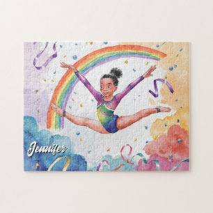 Watercolor Personalized Cute gymnastics girl Pink Jigsaw Puzzle