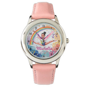 Watercolor Personalized Cute gymnastics girl Pink Watch