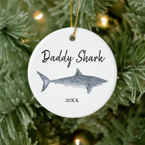 Watercolor Personalized Daddy Shark Christmas Ceramic Ornament