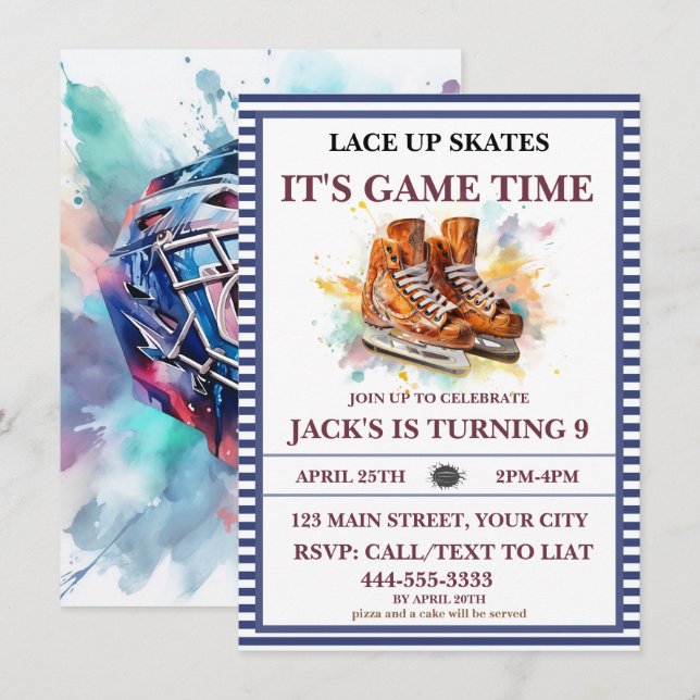 Watercolor Personalized Ice Hockey Birthday Theme  Invitation (Front/Back)