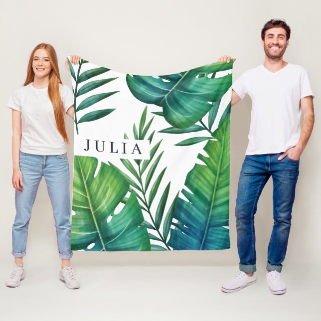Watercolor Personalized Tropical Leaves Fleece Blanket (In Situ)