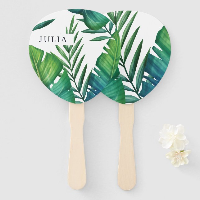 Watercolor Personalized Tropical Leaves Hand Fan (Front and Back)