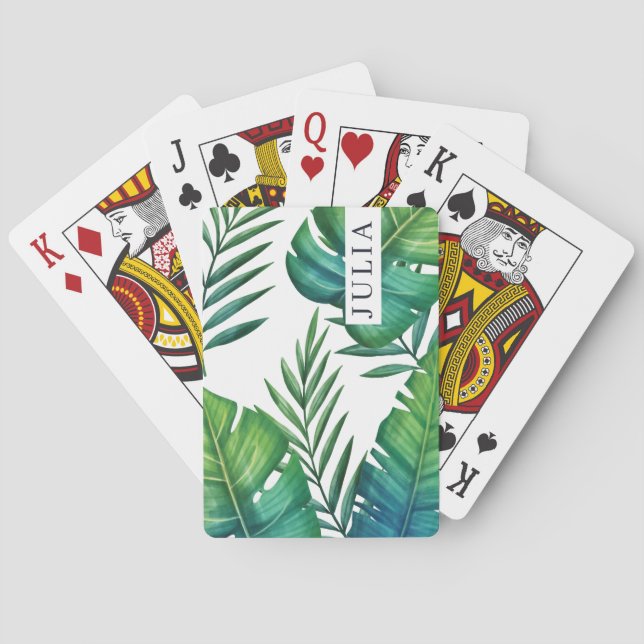 Watercolor Personalized Tropical Leaves Poker Cards (Back)