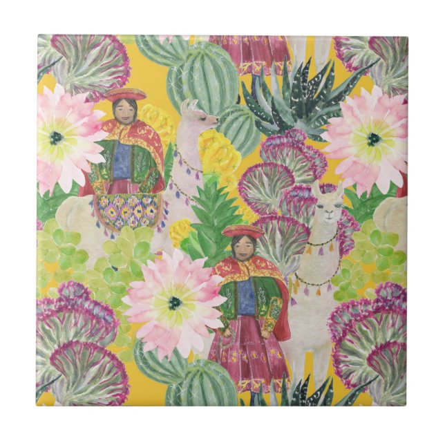 Watercolor Peruvian Woman & Llama Pattern Ceramic Tile (Front)
