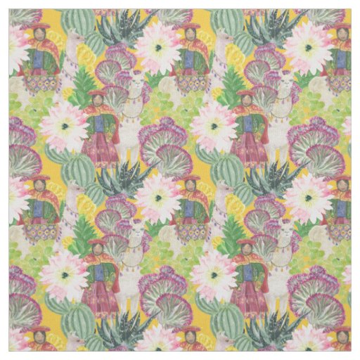 Watercolor Peruvian Woman & Llama Pattern Fabric