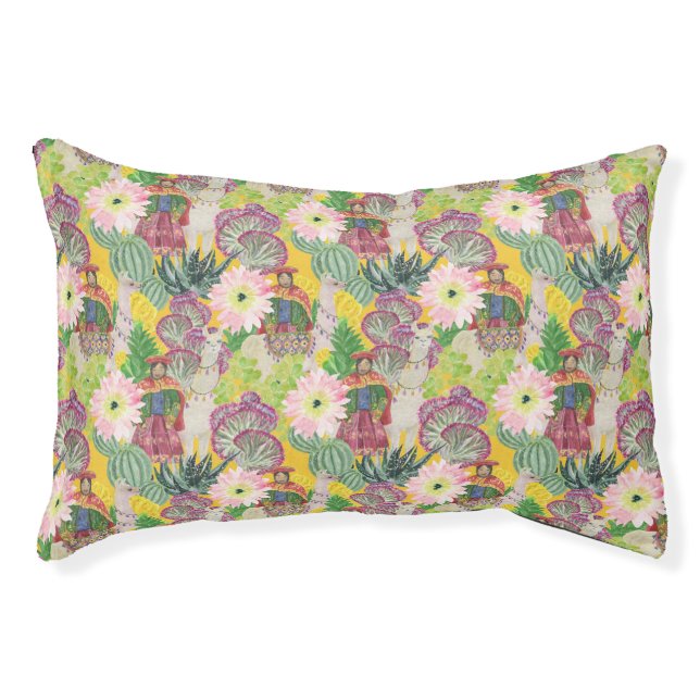 Watercolor Peruvian Woman & Llama Pattern Pet Bed (Front)