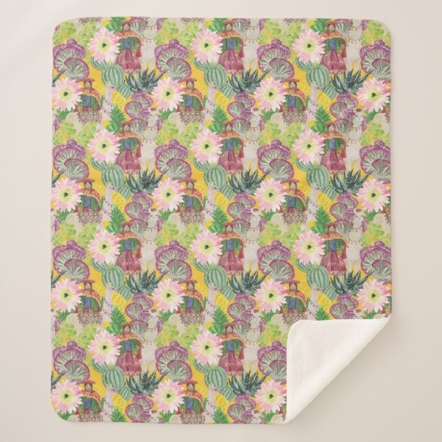 Watercolor Peruvian Woman & Llama Pattern Sherpa Blanket (Front)