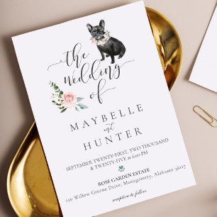 Watercolor Pet Black French Bulldog Floral Rose Invitation