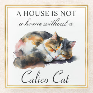 Watercolor Pet Calico Cat and Gold Frame Glass Coaster