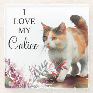 Watercolor Pet Calico Cat with Spring Flowers Glass Coaster