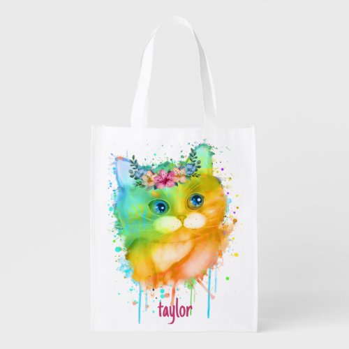 Watercolor Pet Cat with flowers Grocery Bag