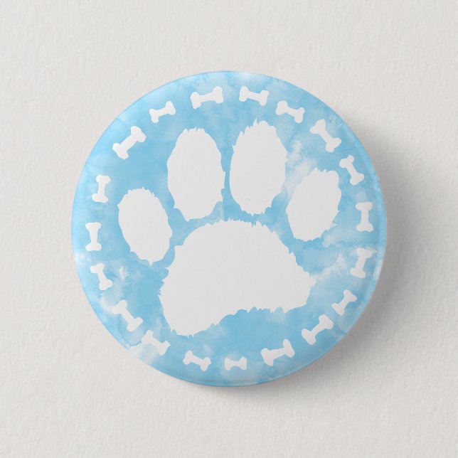 Watercolor Pet Paw Print and Bones Blue Button (Front)