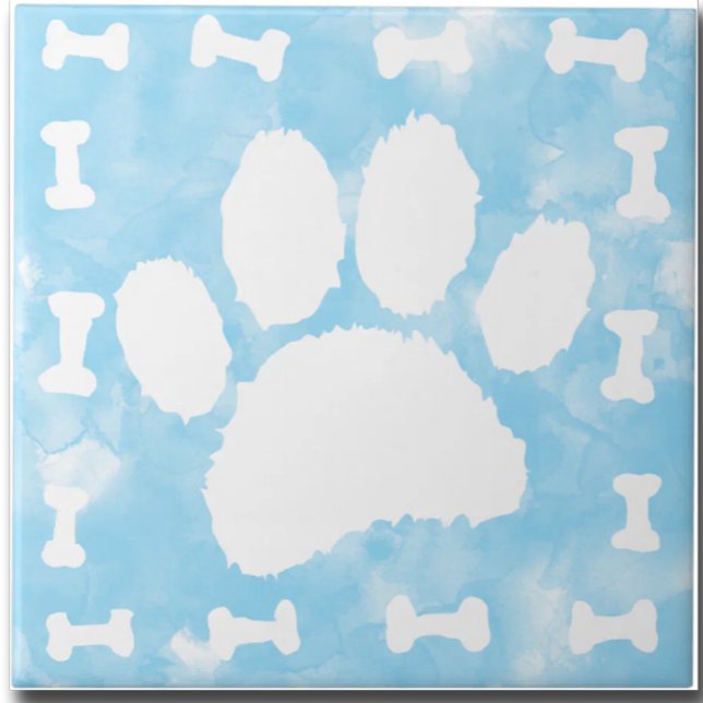 Watercolor Pet Paw Print and Bones Blue Ceramic Tile (Creator Uploaded)
