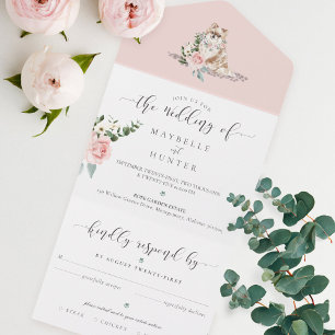 Watercolor Pet Pomeranian Dog & Floral Pink Rose All In One Invitation