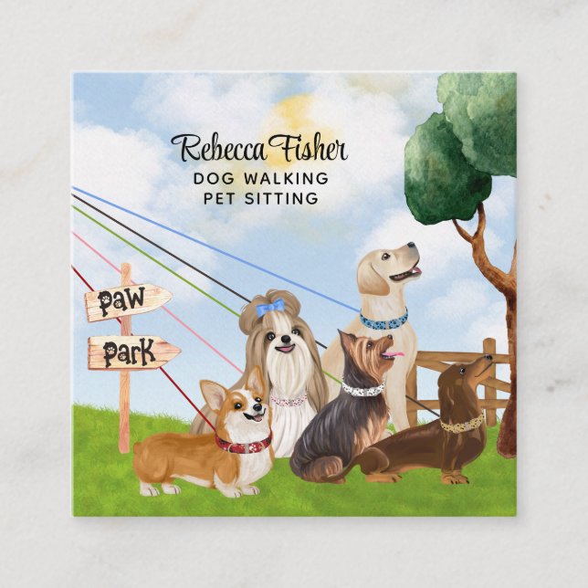 Watercolor Pet Sitting, Dog Walking, Grooming  Square Business Card (Front)