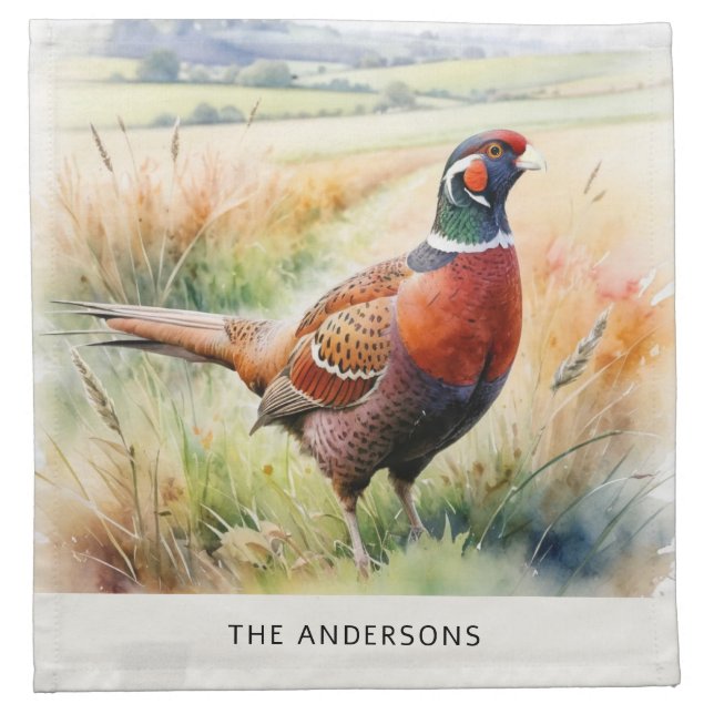 Watercolor Pheasant Rustic Dining Personalized Cloth Napkin (Front)