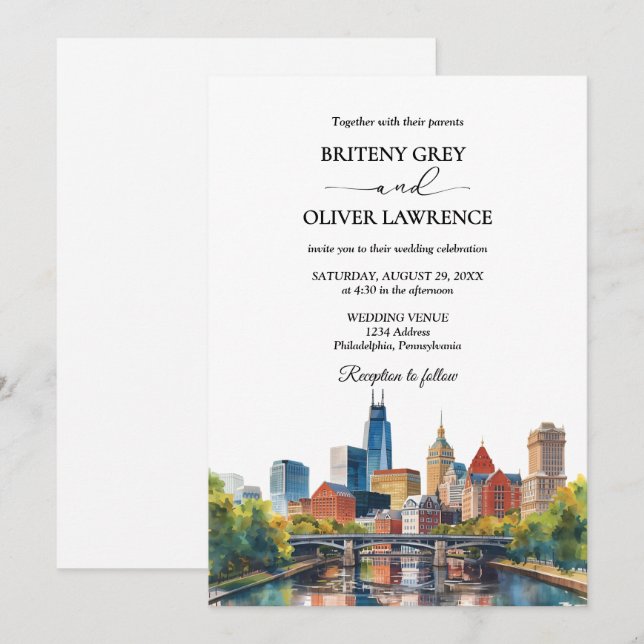 Watercolor Philadelphia Pennsylvania City Wedding Invitation (Front/Back)