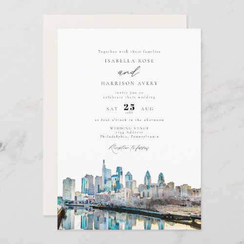Watercolor Philadelphia Pennsylvania City Wedding Invitation