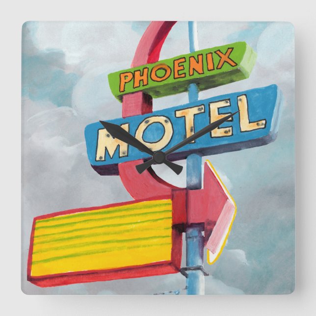 Watercolor Phoenix Motel Square Wall Clock (Front)