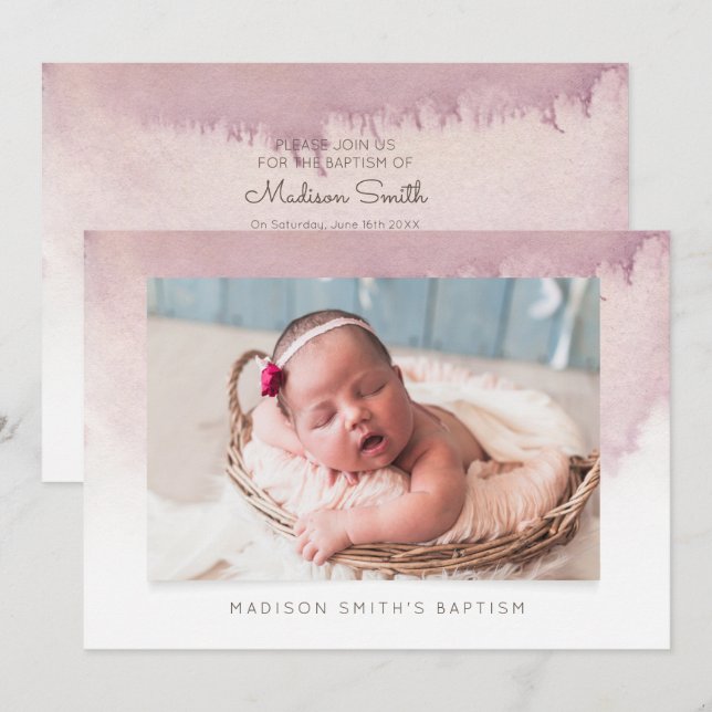 Watercolor Photo Baptism Party Invitation (Front/Back)