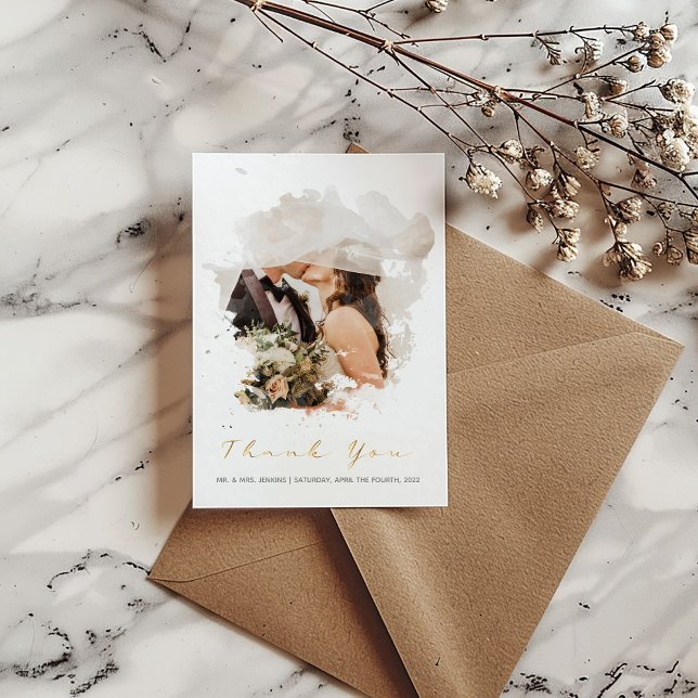 Watercolor photo effect wedding thank you card (Modern wedding thank you card with the option to add your own photo to the watercolour photo effect)