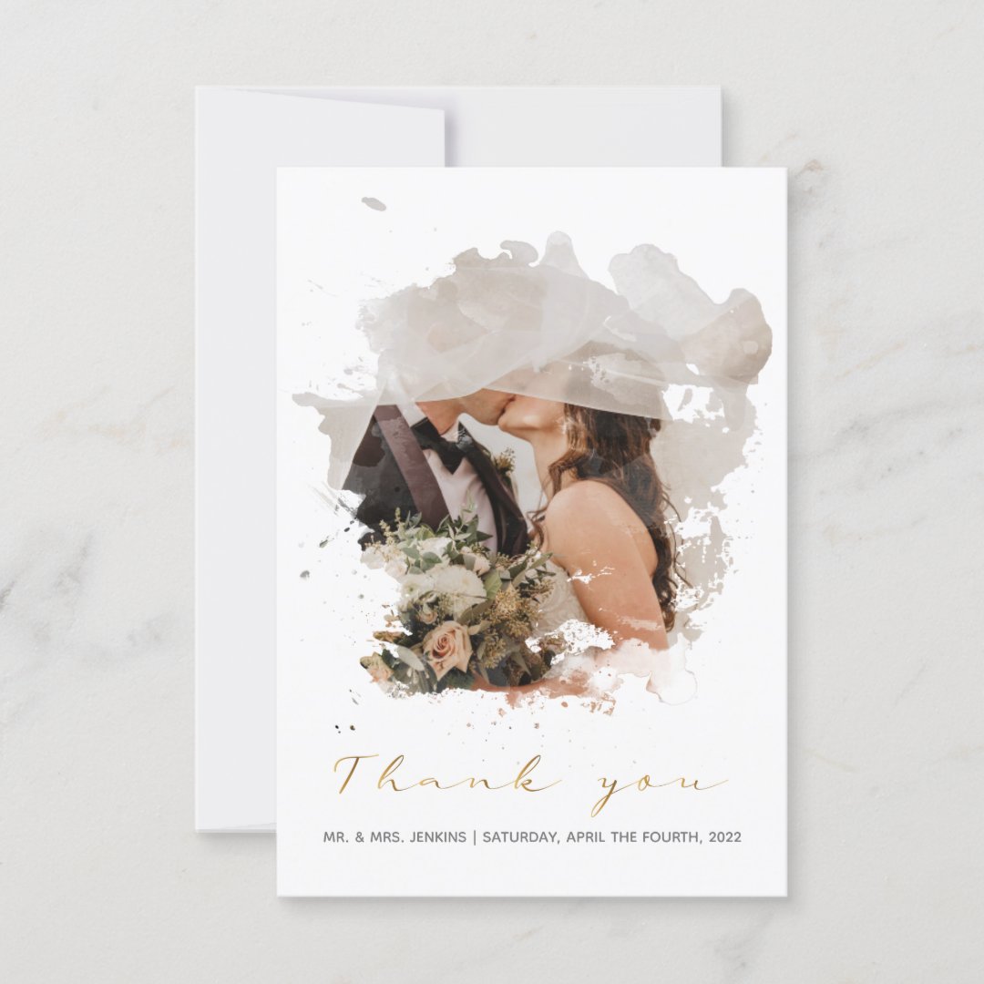 Watercolor photo effect, wedding thank you card | Zazzle