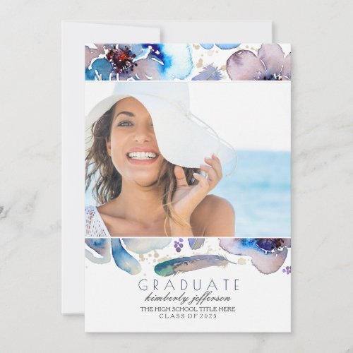 Watercolor Photo Graduation Invitation - Blue watercolor flowers and bohemian feathers photo graduation announcement and graduation party invitation in one