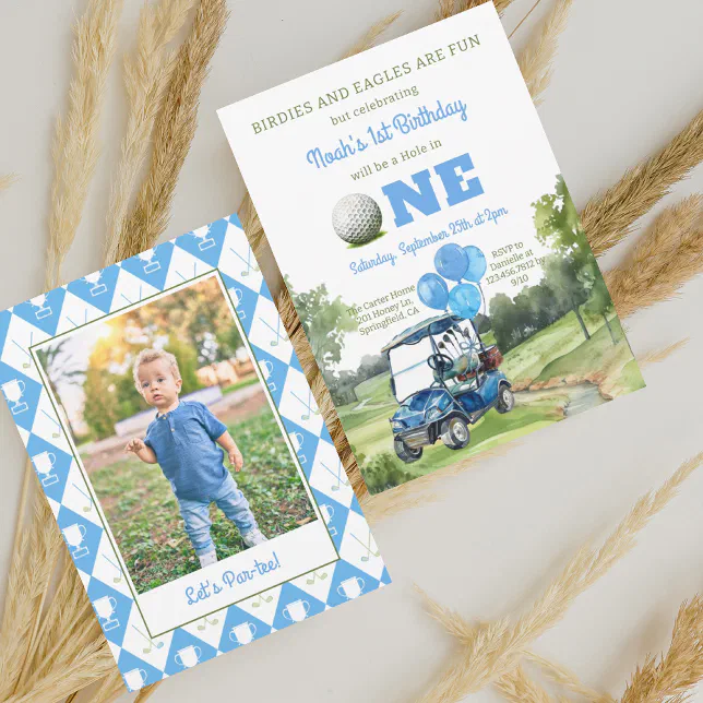 Watercolor Photo Hole in One Golf 1st Birthday Invitation

