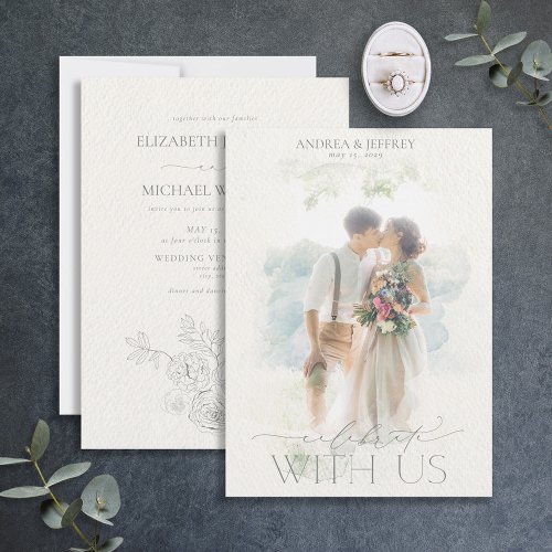 Watercolor Photo Mask Gray Floral Wedding  Invitation
