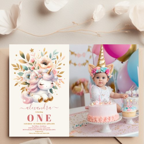 Watercolor photo Unicorn Birthday Invitation 1st