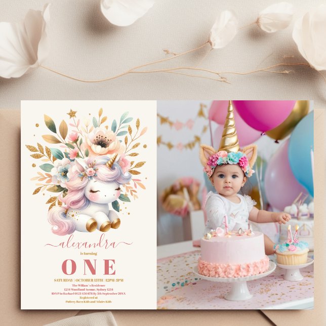 Watercolor photo Unicorn Birthday Invitation 1st (Creator Uploaded)