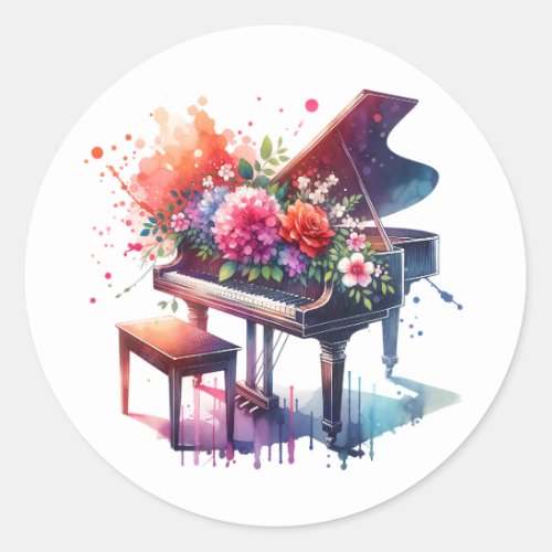 Watercolor Piano and Flowers Classic Round Sticker