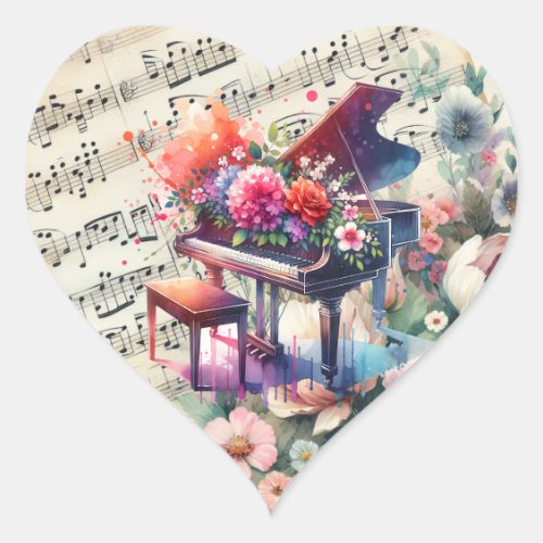 Watercolor Piano and Flowers Heart Sticker