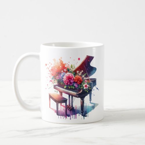 Watercolor Piano and Flowers Personalized Coffee Mug