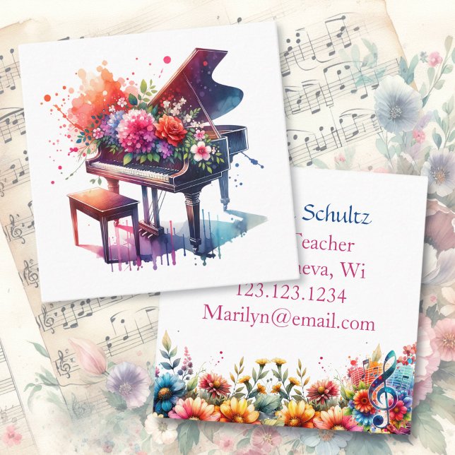 Watercolor Piano and Flowers Personalized Teacher Square Business Card (Creator Uploaded)