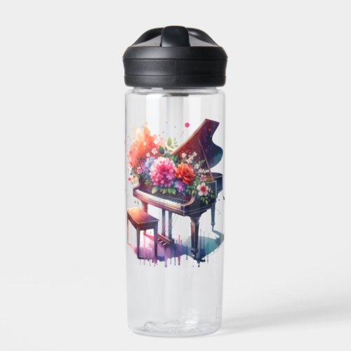 Watercolor Piano and Flowers Personalized Water Bottle