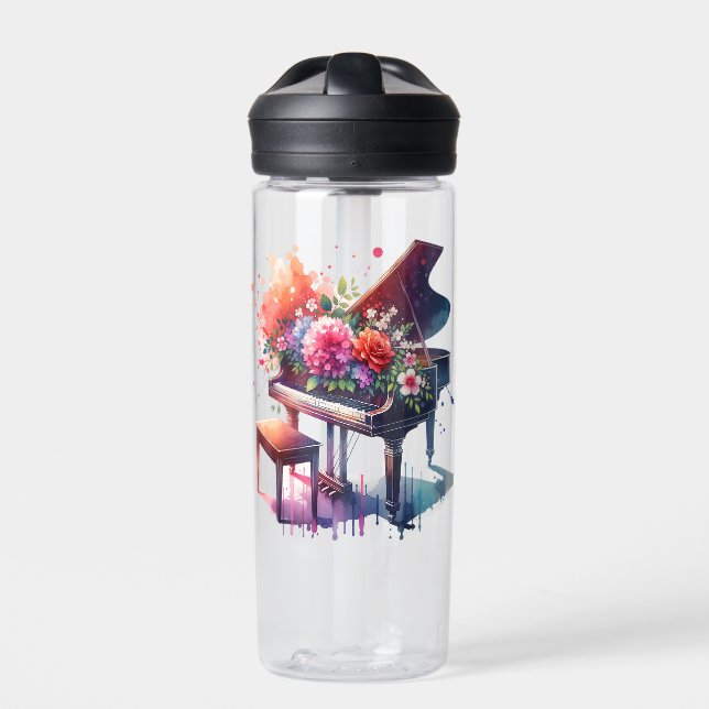 Watercolor Piano and Flowers Personalized Water Bottle (Front)