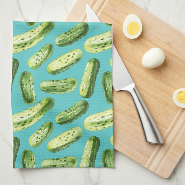 Watercolor Pickles on Turquoise Kitchen Towel (Quarter Fold)