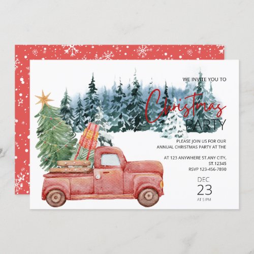 Watercolor Pickup Red Truck Rustic Christmas Party Invitation