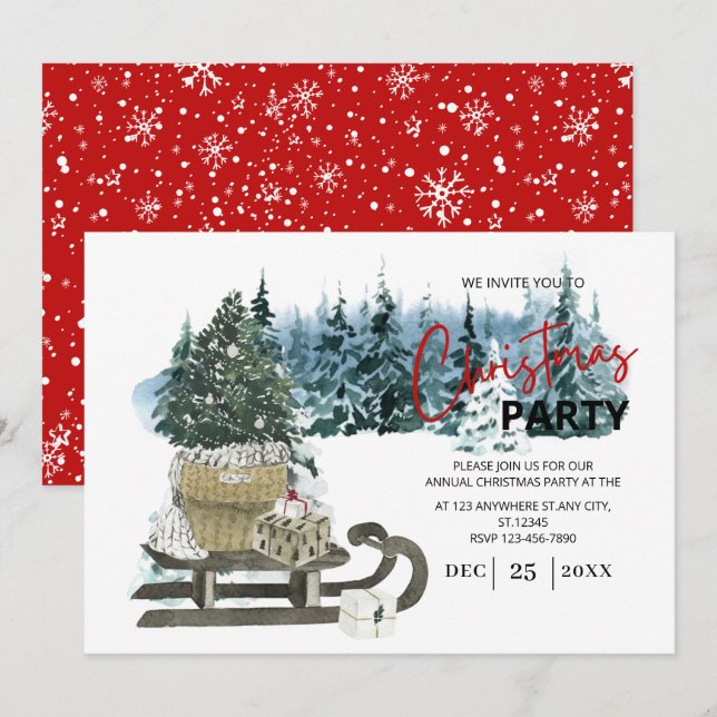 Watercolor Pickup Sleigh Rustic Christmas Party Invitation (Front/Back)