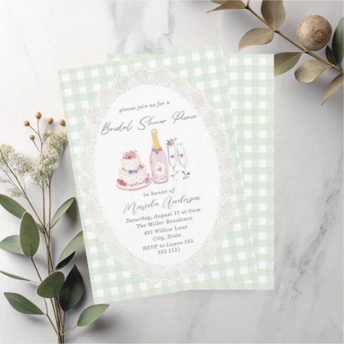 Watercolor Picnic Lace Green Gingham Bridal Sho Invitation
