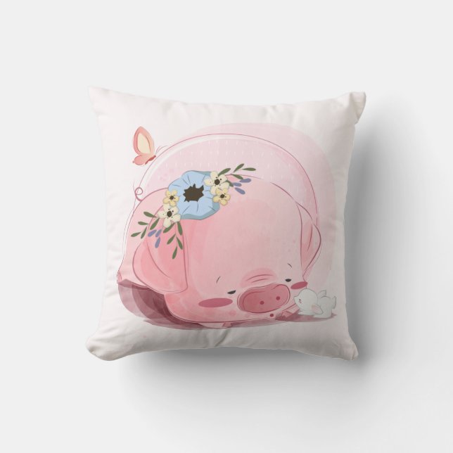 Watercolor Pig, Bunny & Horse Throw Pillow (Front)