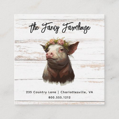 Watercolor Pig Farmhouse Floral QR code Square Square Business Card