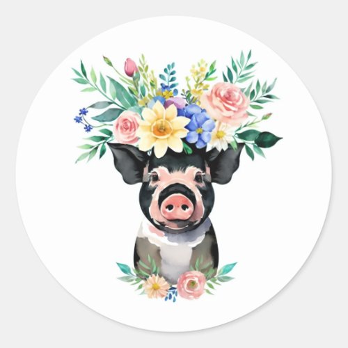 Watercolor pig flower crown classic round sticker