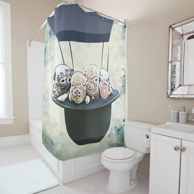 Watercolor Piggies with Bubblegum Shower Curtain (In Situ)